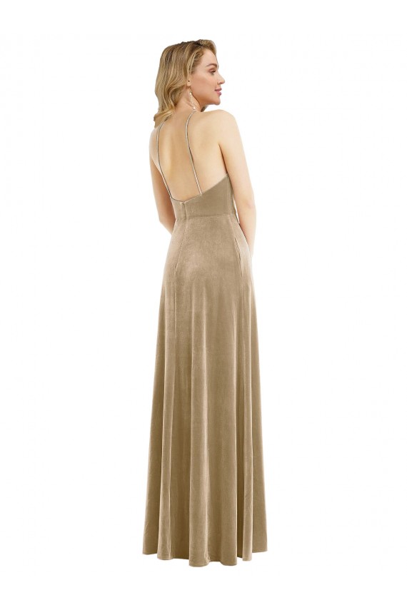Best High Neck Halter Open Back Long Velvet Maxi Bridesmaid Dress / Prom Dress & Pockets UK