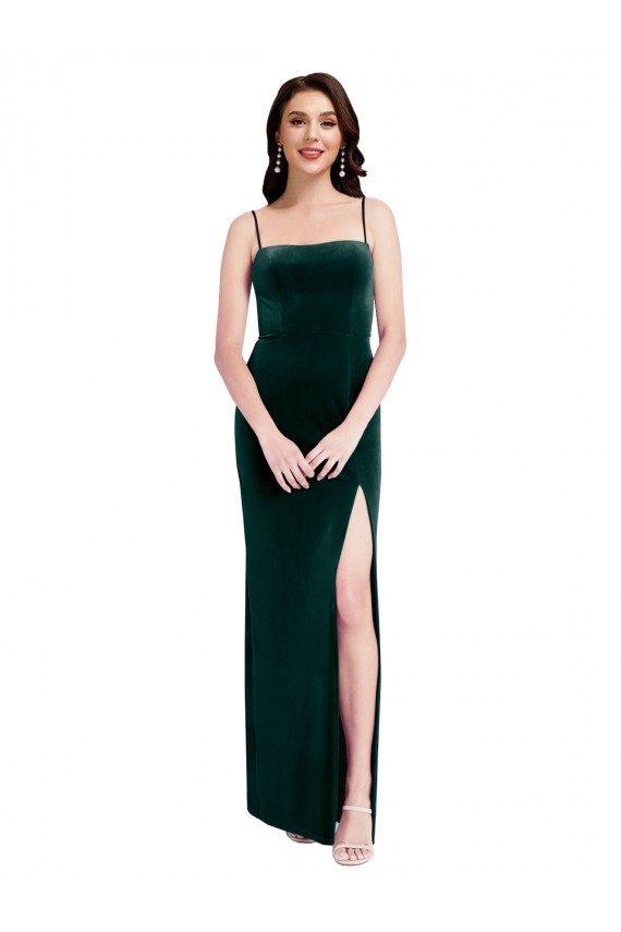 Best Straight Neckline Spaghetti Straps Long Velvet Bridesmaid Dress / Prom Dress with High Side Slit UK