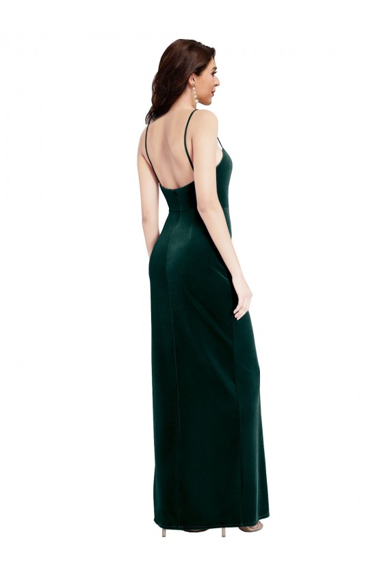 Best Straight Neckline Spaghetti Straps Long Velvet Bridesmaid Dress / Prom Dress with High Side Slit UK