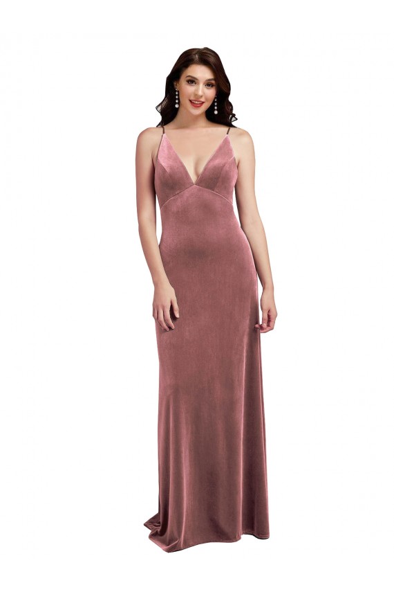 Best Low Scoop Back Long V-Neck Formal Velvet Slip Bridesmaid Dress / Prom Dress UK