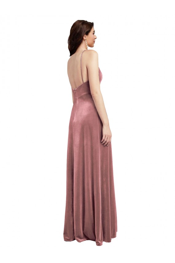 Best Low Scoop Back Long V-Neck Formal Velvet Slip Bridesmaid Dress / Prom Dress UK