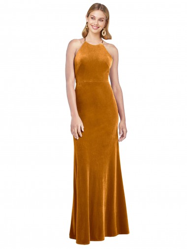 Best Halter Neckline Long Full Length Formal Velvet Bridesmaid Dress / Prom Dress with Strappy Back UK