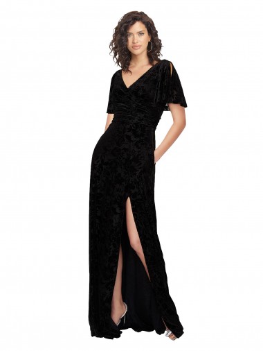 Best Split Sleeves V-Neck Floral Velvet Bridesmaid Dress with Front Slit UK