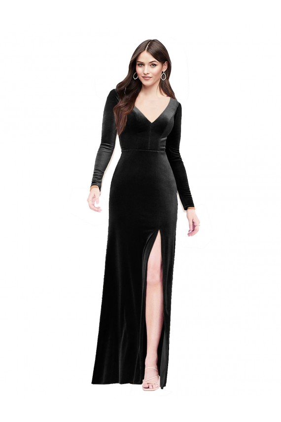 Best Long Sleeves Formal Velvet Bridesmaid Dress / Prom Dress with V-Neckline and Thigh Slit UK