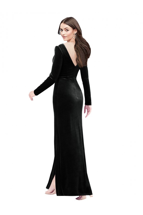 Best Long Sleeves Formal Velvet Bridesmaid Dress / Prom Dress with V-Neckline and Thigh Slit UK