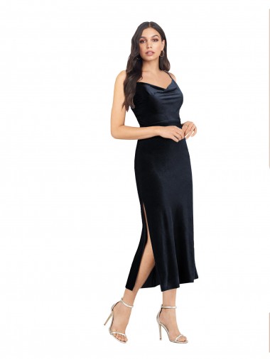 Best Midi Cocktail Length Formal Velvet Bridesmaid Dress / Prom Dress with Cowl Neck and Spaghetti Straps UK