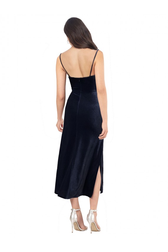 Best Midi Cocktail Length Formal Velvet Bridesmaid Dress / Prom Dress with Cowl Neck and Spaghetti Straps UK