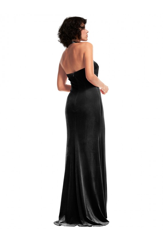 Best Empire Waist Formal Stretch Velvet Bridesmaid Dress / Prom Dress with Halter Strap UK