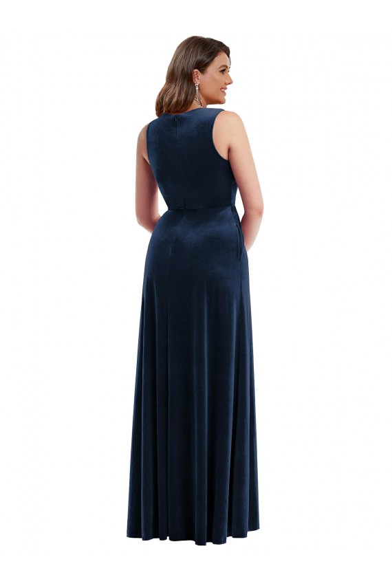 Best Deep V-Neck Sleeveless Formal Velvet Maxi Bridesmaid Dress / Prom Dress with Pockets UK