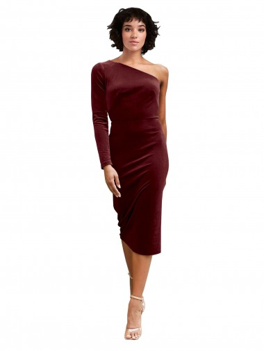 Best One Shoulder Fitted Short Midi Length Velvet Bridesmaid Dress / Prom Dress UK