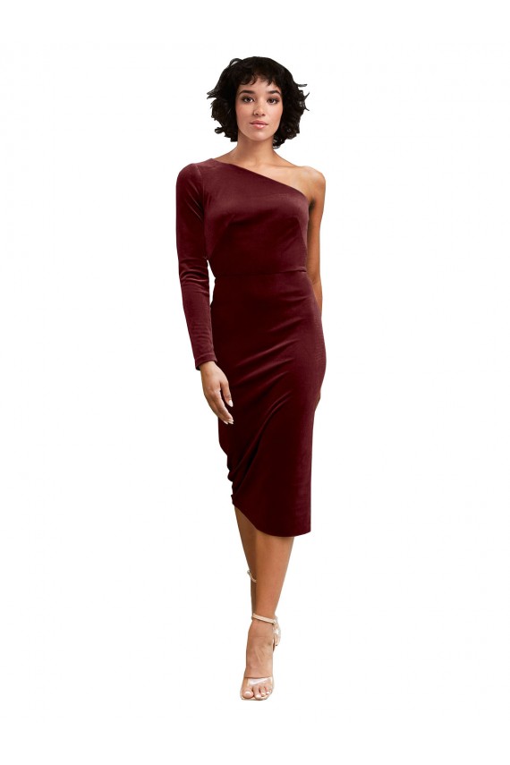 Best One Shoulder Fitted Short Midi Length Velvet Bridesmaid Dress / Prom Dress UK