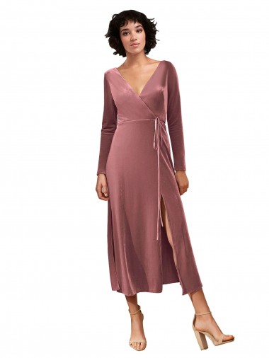 Best Long Sleeve Velvet Faux Wrap Midi Length Bridesmaid Dress / Prom Dress UK