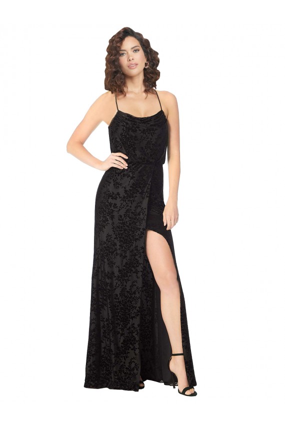 Best Floral Velvet Cowl Neck Bridesmaid Dress with Skirt Slit UK