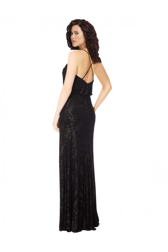 Best Floral Velvet Cowl Neck Bridesmaid Dress with Skirt Slit UK