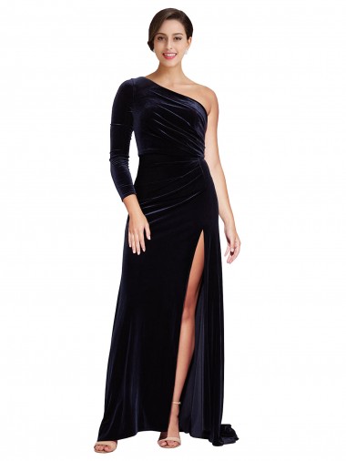 Best One Sleeve Long Formal Velvet Bridesmaid Dress / Prom Dress with Thigh High Split UK