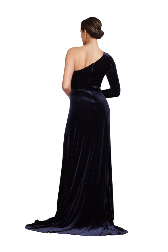 Best One Sleeve Long Formal Velvet Bridesmaid Dress / Prom Dress with Thigh High Split UK