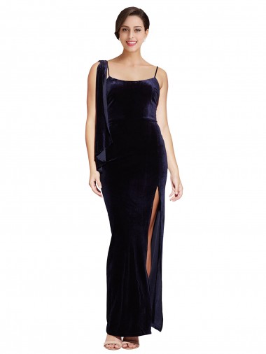Best Long Formal Velvet Bridesmaid Dress / Prom Dress with Side Thigh Split and Shoulder Tie UK