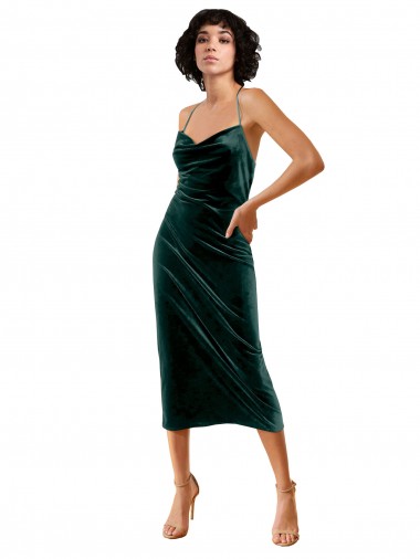 Best Midi Cocktail Length Sleek Cowl Neckline Short Formal Velvet Bridesmaid Dress / Prom Dress UK